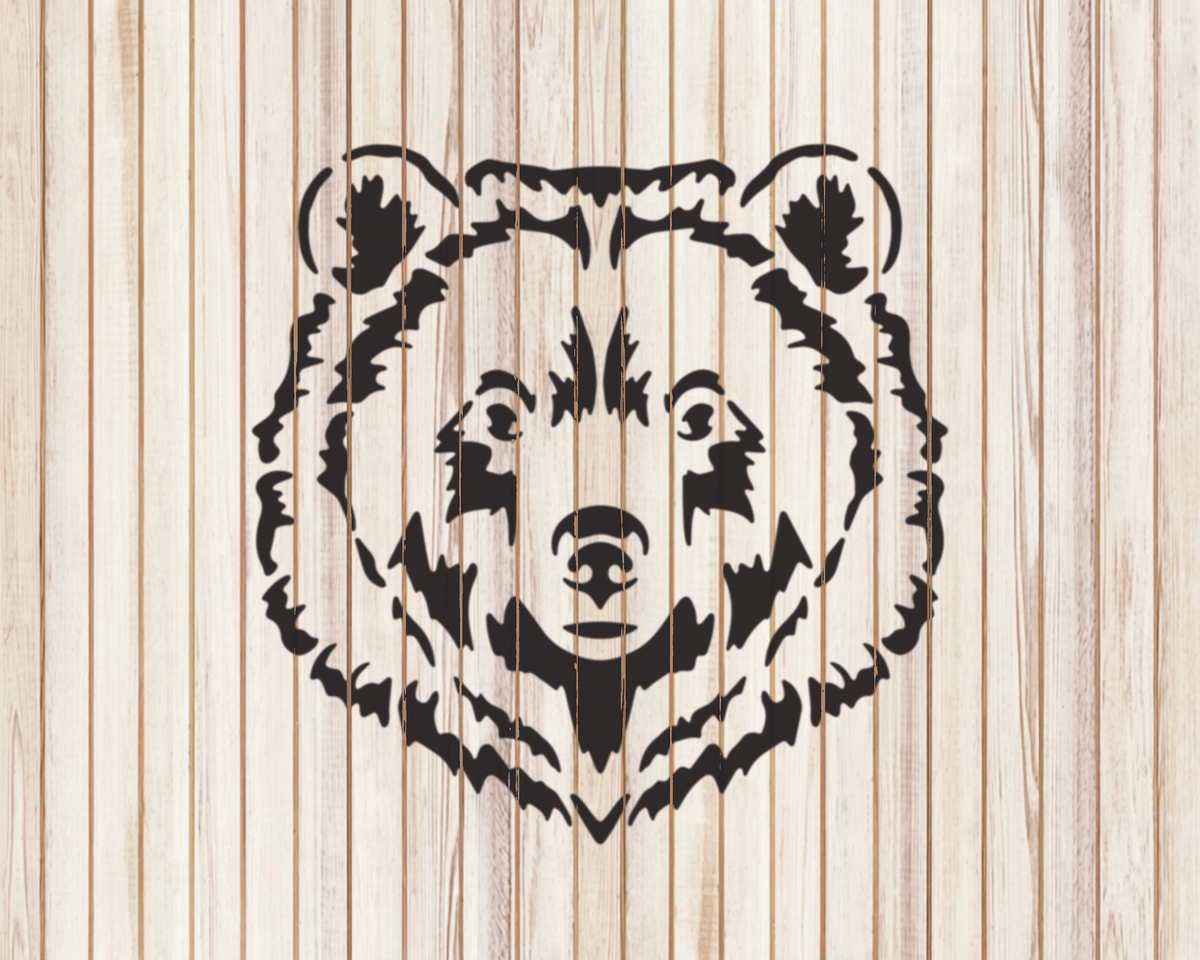 A black and white illustration of a bear's head is displayed against a wooden background.
