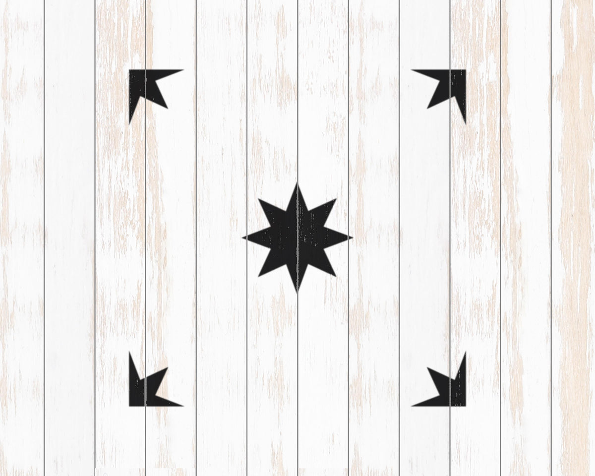 a white wooden background with a central black star design.