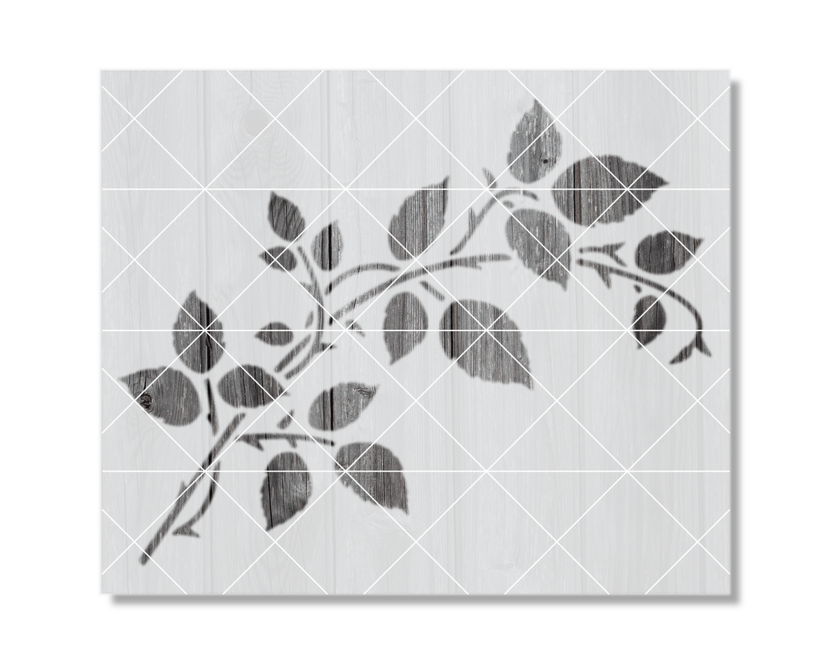 The image is a black and white graphic design featuring a branch with leaves, creating a minimalist and elegant visual effect.