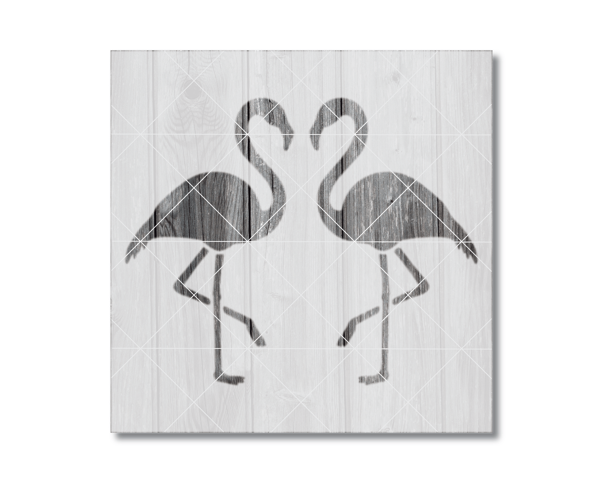 two stylized flamingos standing side by side on a wooden background.