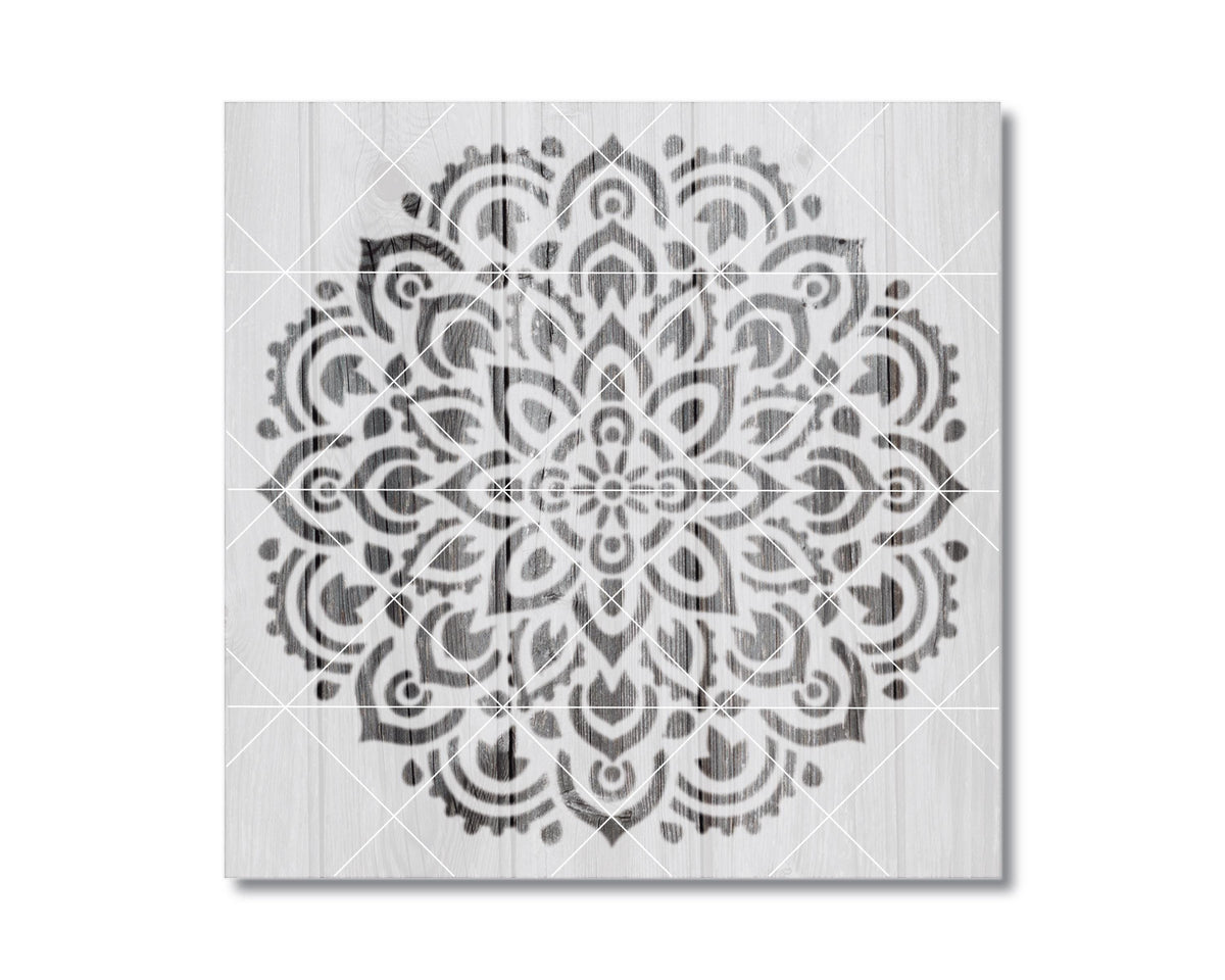 a symmetrical, intricate mandala-like design with a repeating pattern of floral and geometric elements.