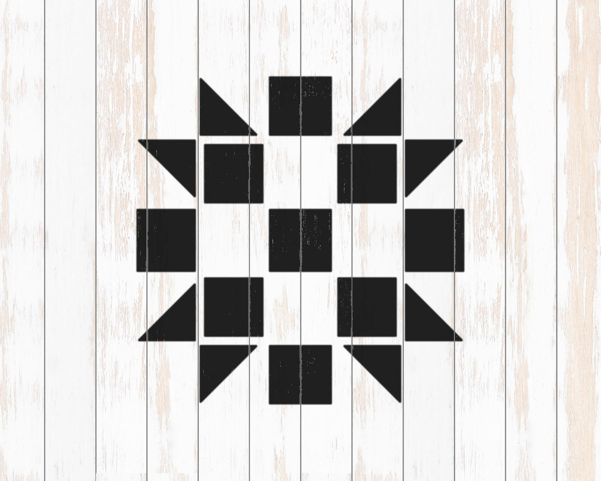 a black and white geometric design composed of various shapes, including triangles and rectangles, arranged in a visually striking pattern.