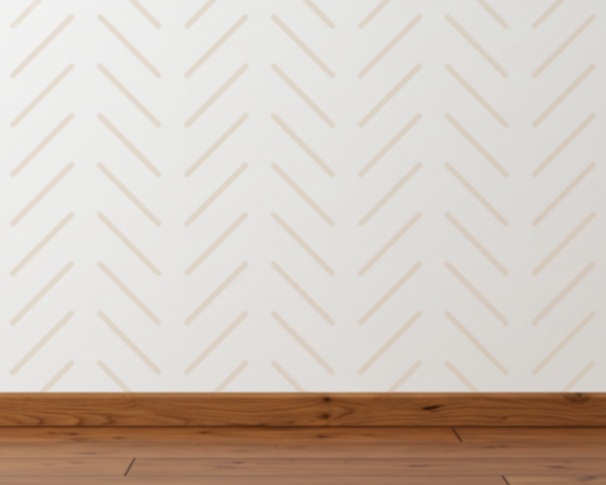 a wooden floor and a white wall with a repeating diagonal pattern of lines.