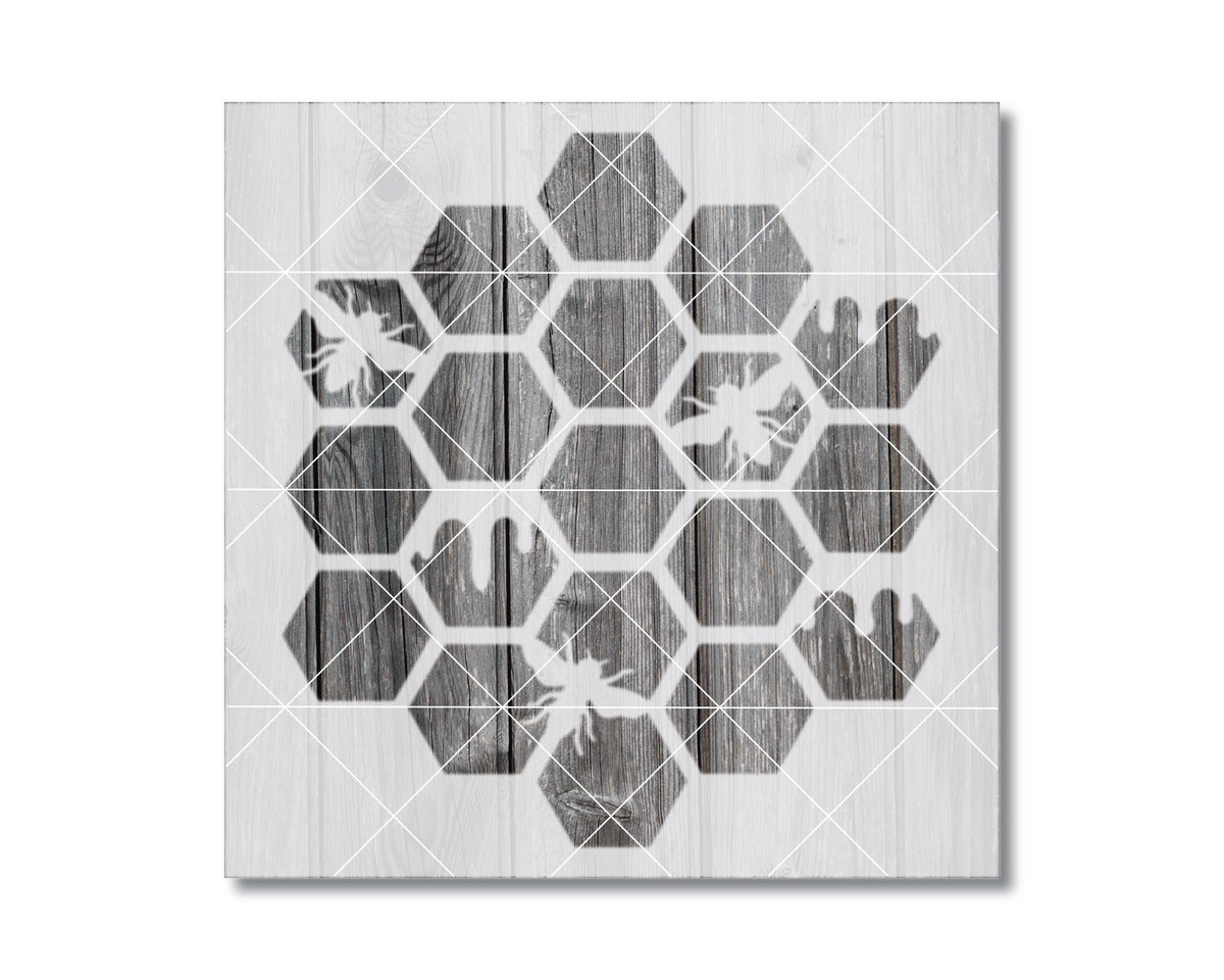 The image is a black and white graphic design featuring a honeycomb pattern composed of hexagons.