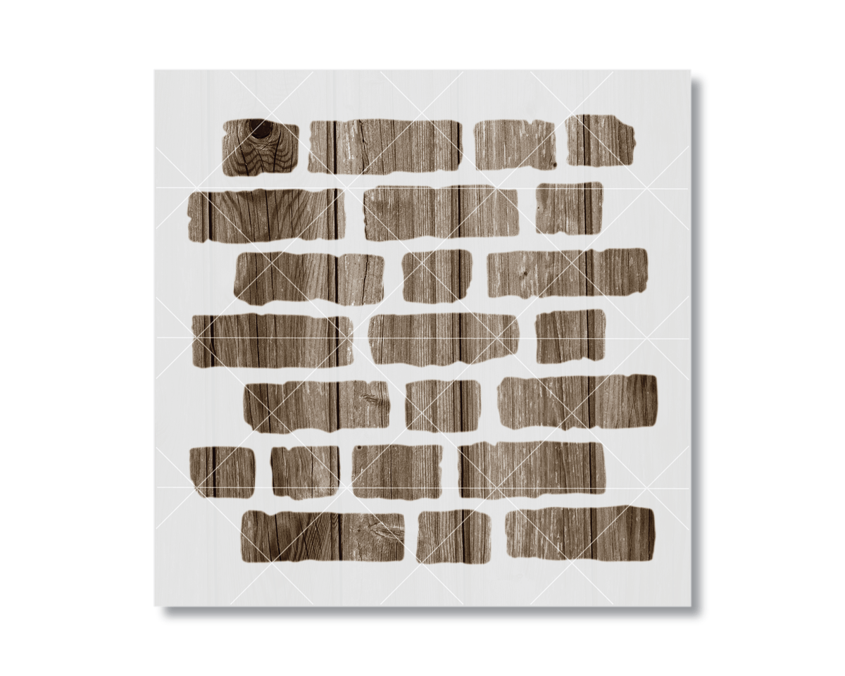 The image is a square with a grid-like pattern of wooden blocks or bricks, creating a textured and visually interesting design.