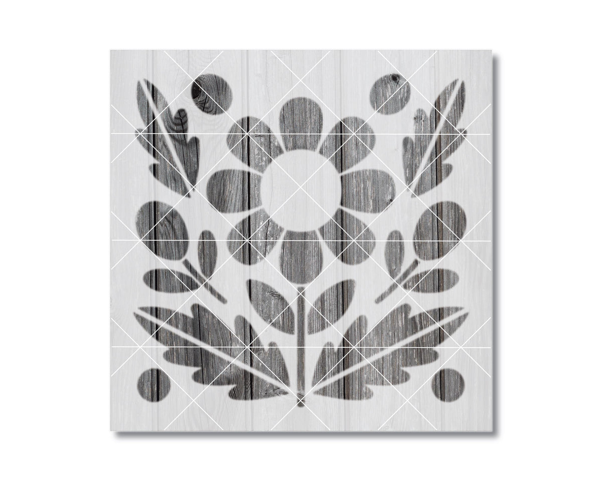 The image is a square-shaped graphic with a floral pattern and geometric shapes, including a large flower and leaves.