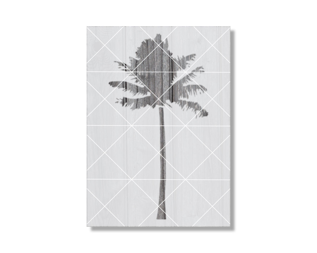 A black and white image of a palm tree with a geometric pattern of intersecting lines.