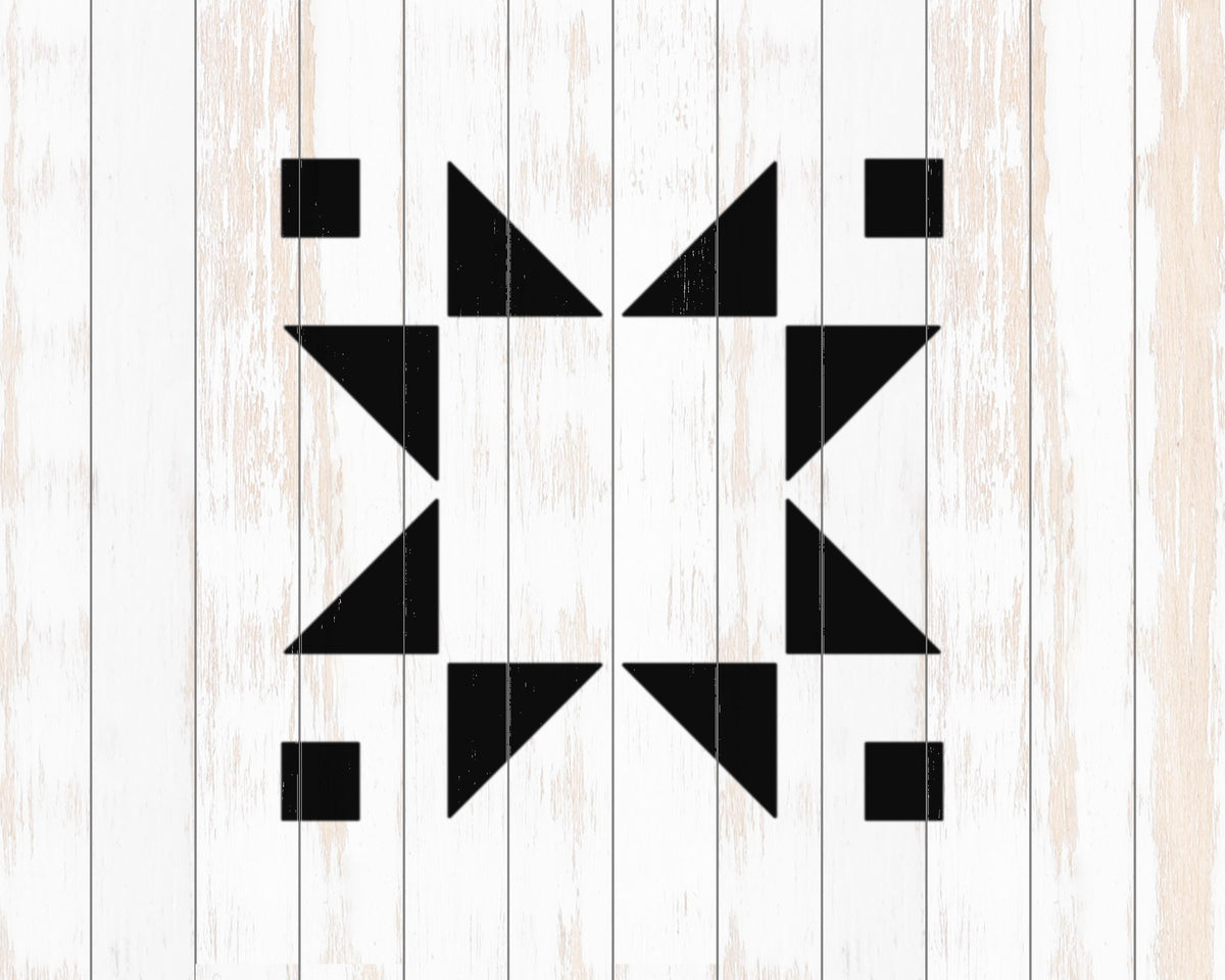 a black and white geometric design composed of various shapes, including triangles and rectangles, arranged in a visually striking pattern.