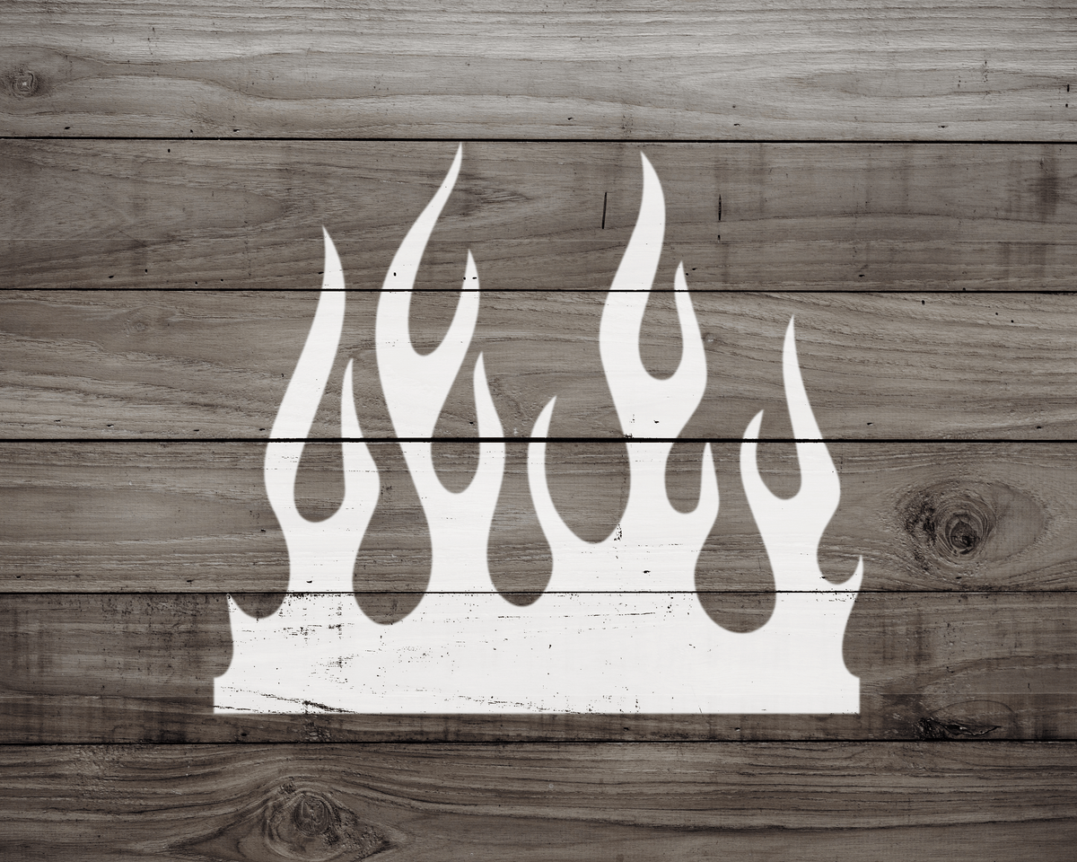 A white silhouette of flames against a wooden background.