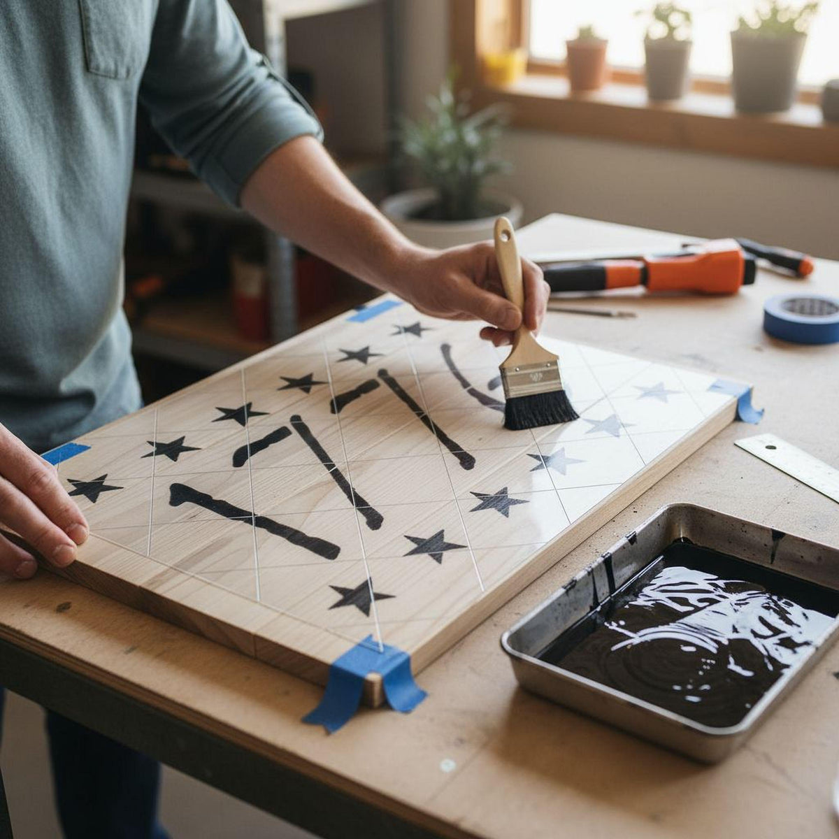 A person is painting a wooden board with black stars and lines using a brush.