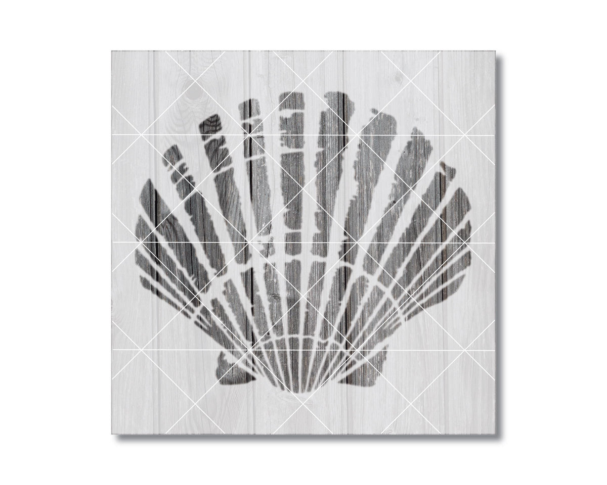The image is a black and white graphic of a seashell, which is a type of shellfish.