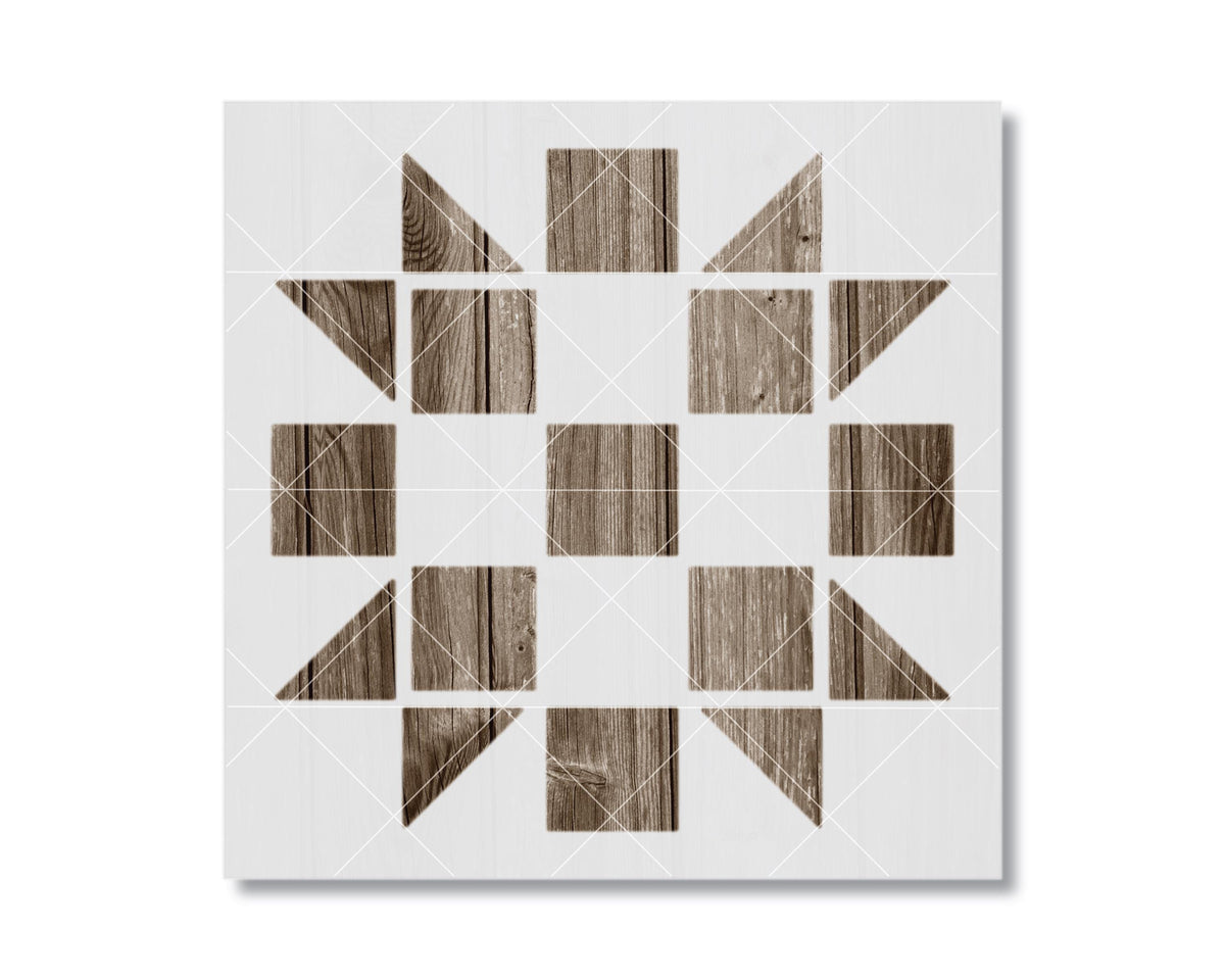 The image is a square with a geometric pattern of wooden squares and triangles arranged in a symmetrical design.