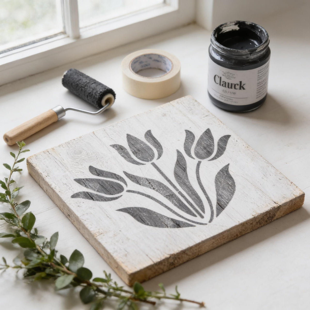 a wooden board with a stencil of flowers, a roller brush, a roll of tape, and a jar of black paint on a white surface.