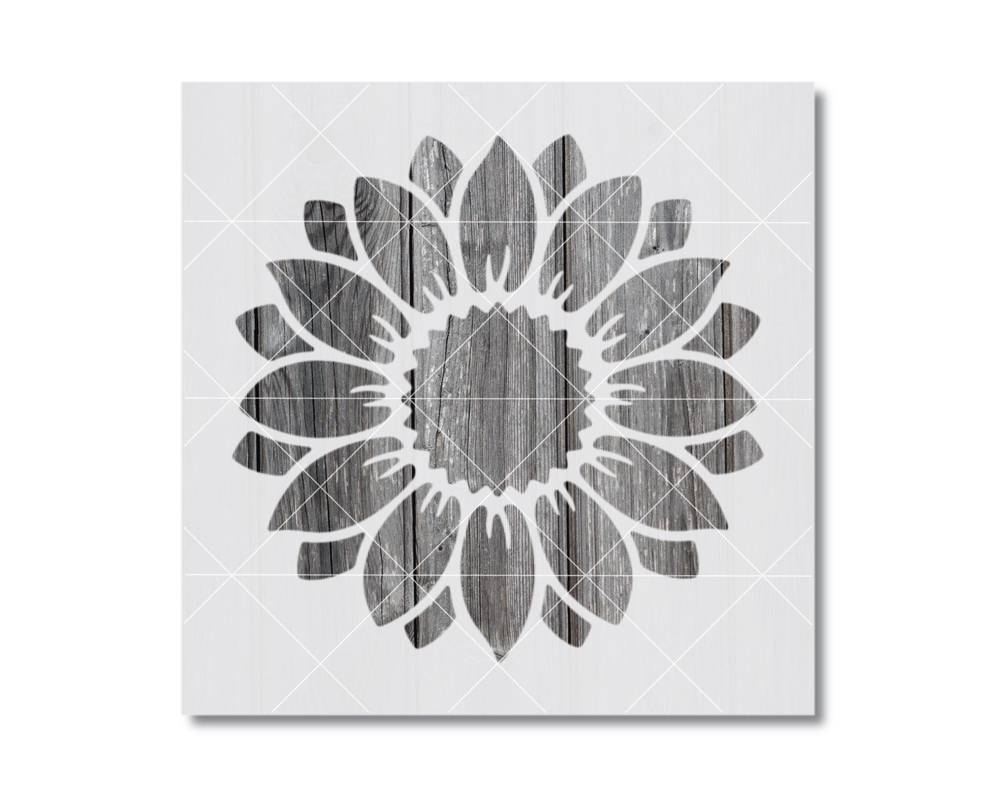 A black and white image depicting a stylized sunflower design with wooden elements.