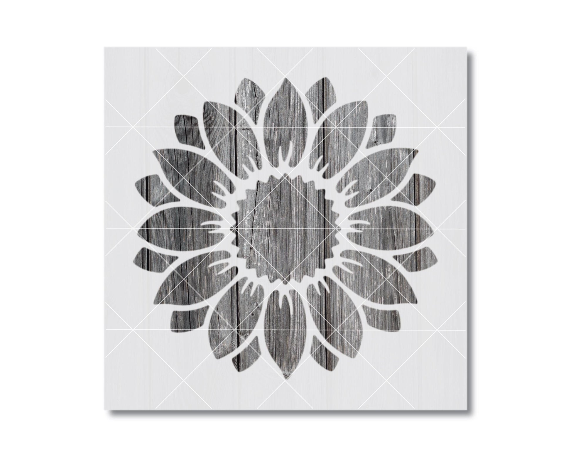 A black and white image depicting a stylized sunflower design with wooden elements.