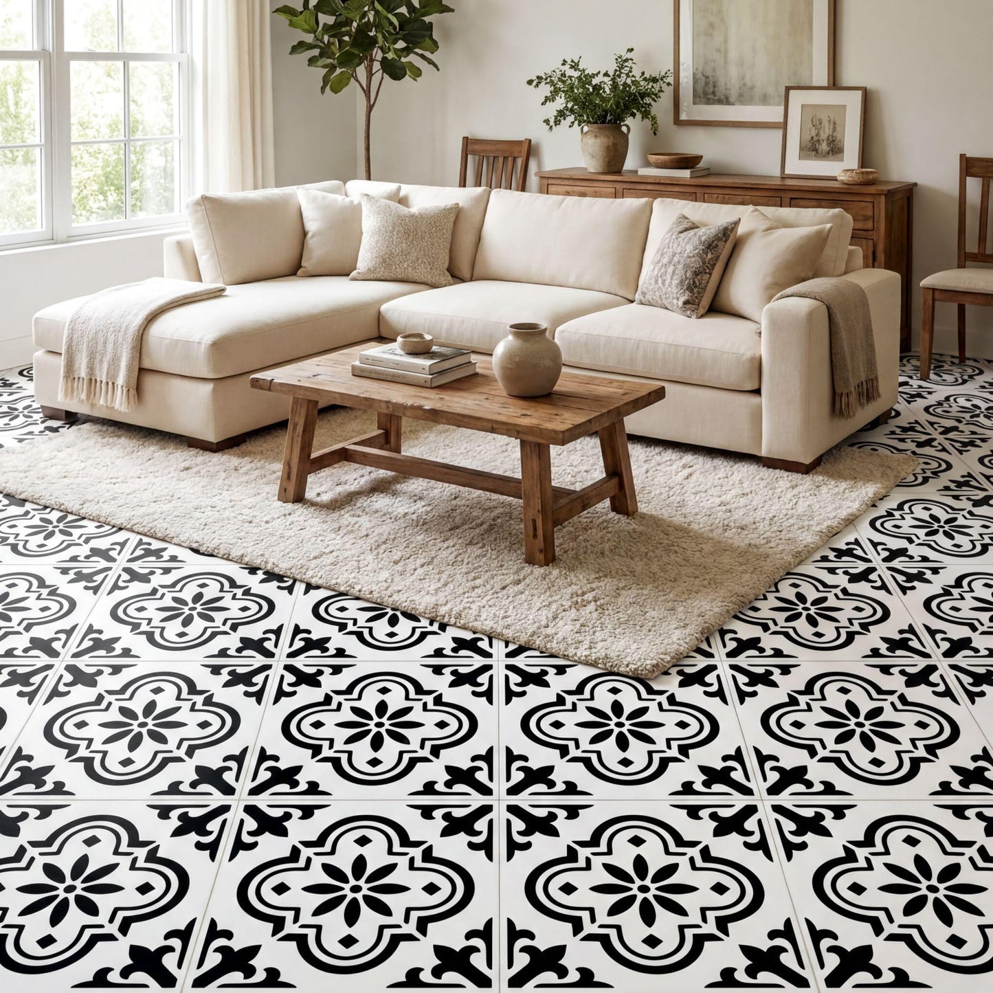 a cozy living room with a large sectional sofa, a wooden coffee table, and a patterned tile floor. The room is decorated with various items such as a potted plant, a vase, and a book, creating a warm and inviting atmosphere.