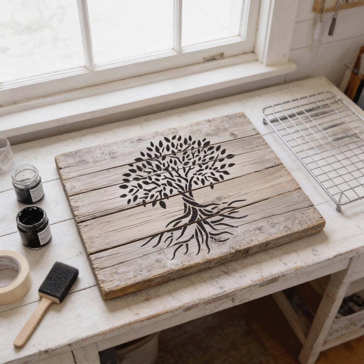 a wooden board with a tree design, along with some art supplies and a window in the background.