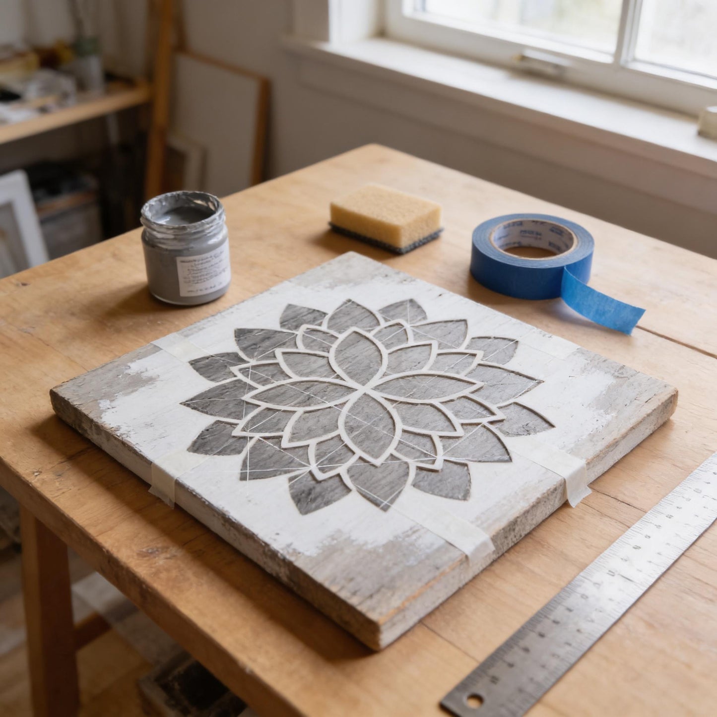 a wooden table with various art supplies and materials, including a stencil, a paintbrush, a ruler, and a jar of paint.