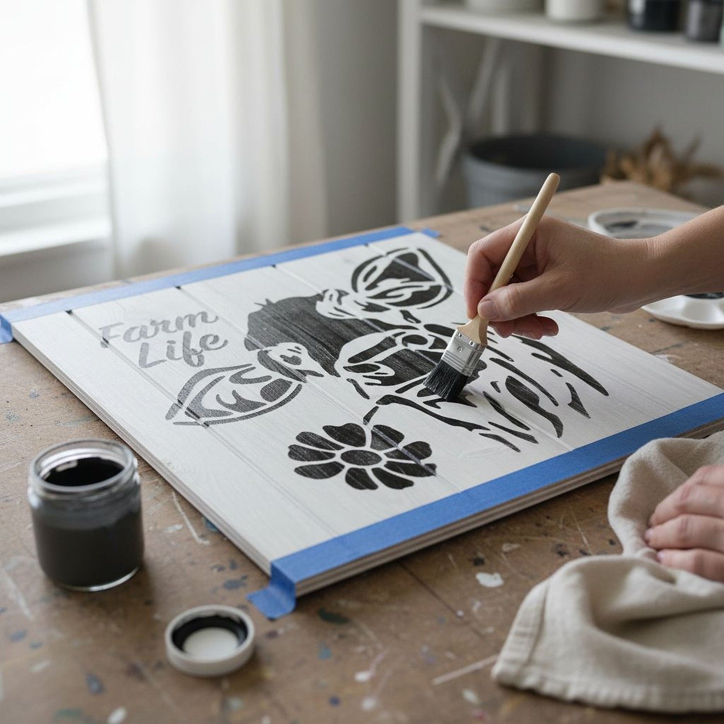 A person's hand is painting a wooden board with a stencil, creating a farm life-themed design.
