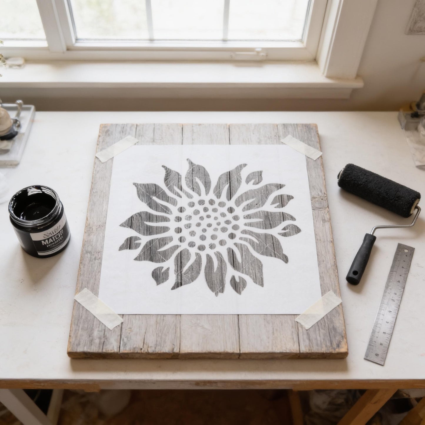 a wooden board with a stencil of a flower design, along with a paint roller and a ruler on a white desk.