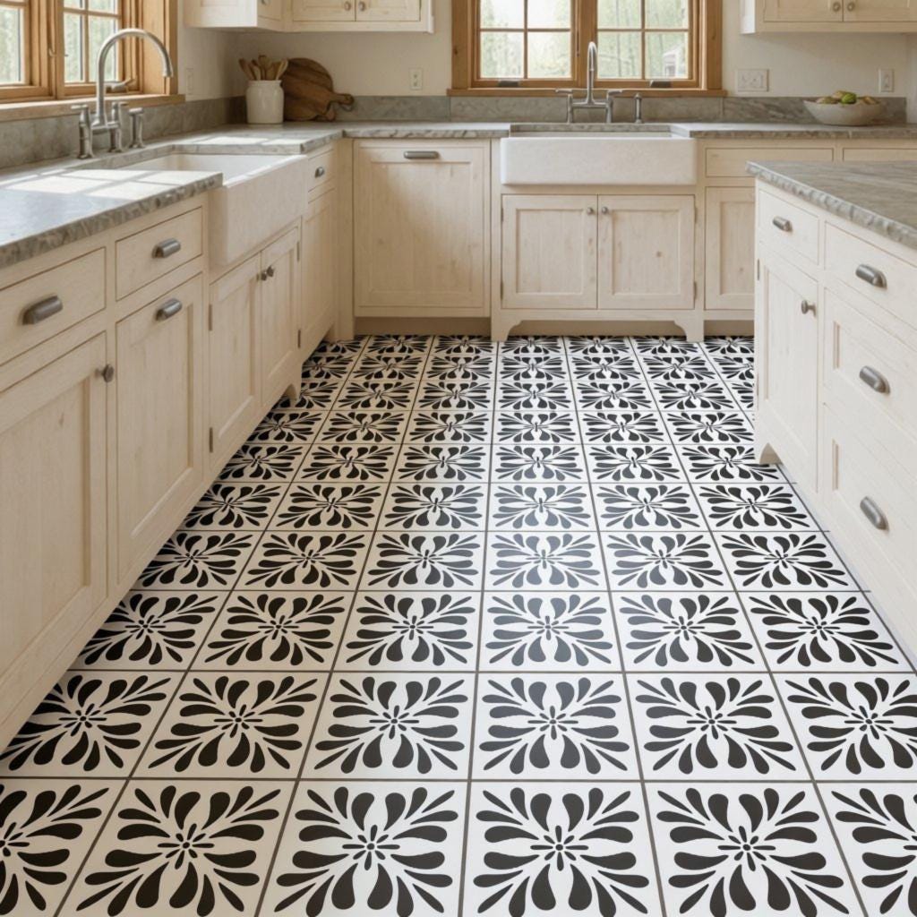 a modern kitchen with a black and white tile floor featuring a floral pattern. The kitchen is equipped with white cabinets and a sink, creating a clean and elegant design.