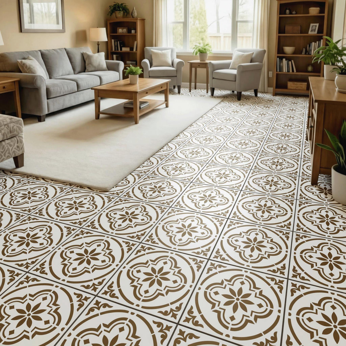 a cozy living room with a gray sofa, wooden coffee table, and two armchairs arranged around a large window. The floor is covered in a patterned tile design in shades of brown and white.