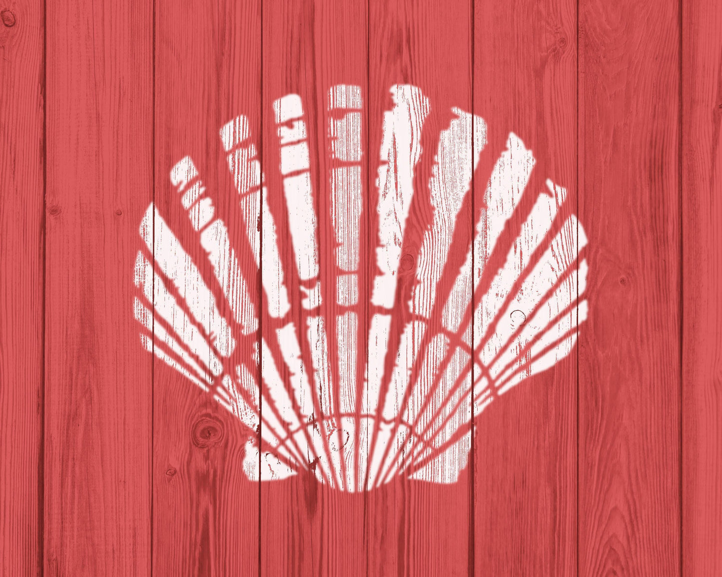 a red wooden background with a white silhouette of a seashell in the center.