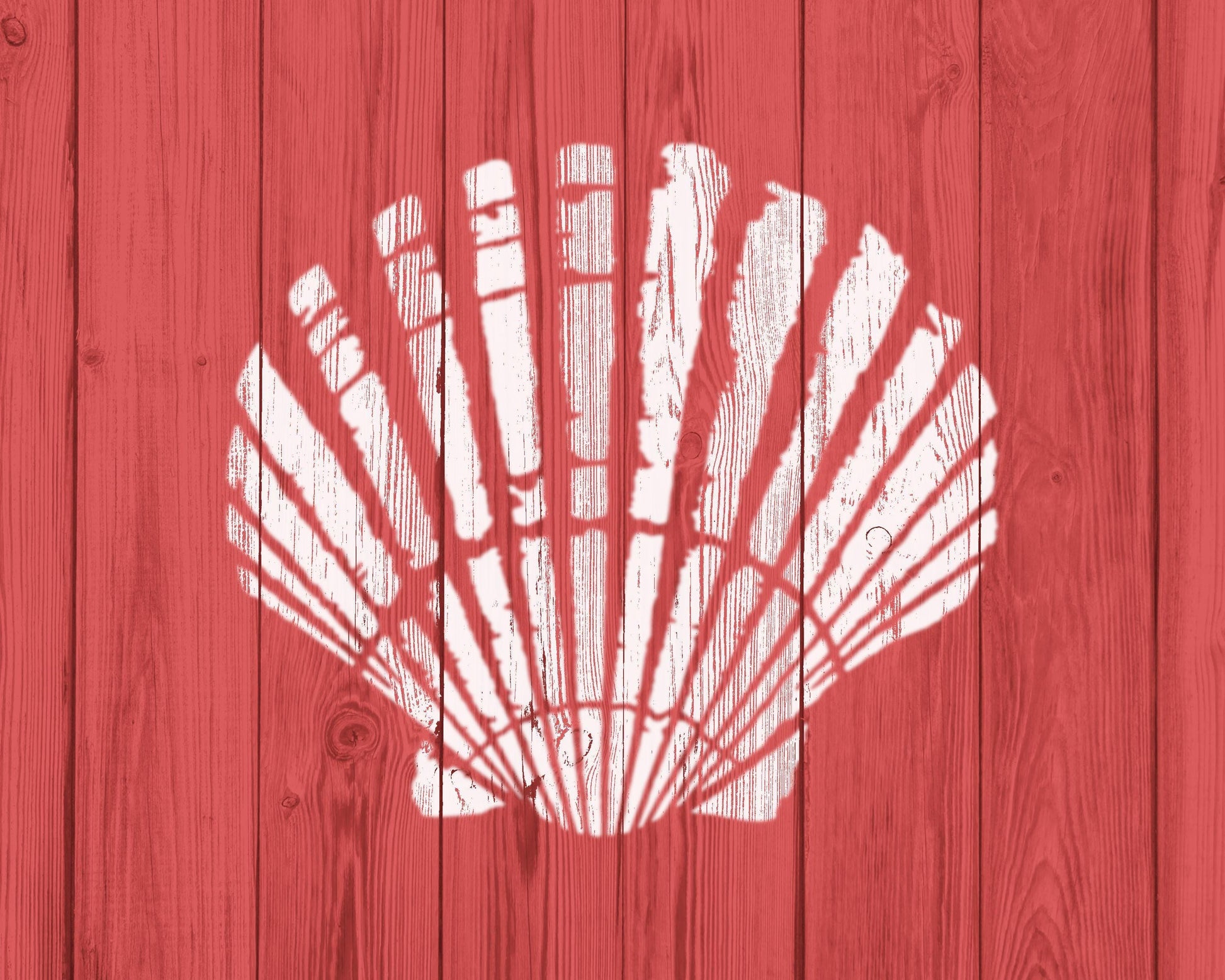 a red wooden background with a white silhouette of a seashell in the center.