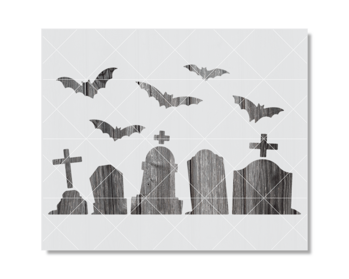 a row of gravestones with bats flying above them, creating a spooky and eerie atmosphere.