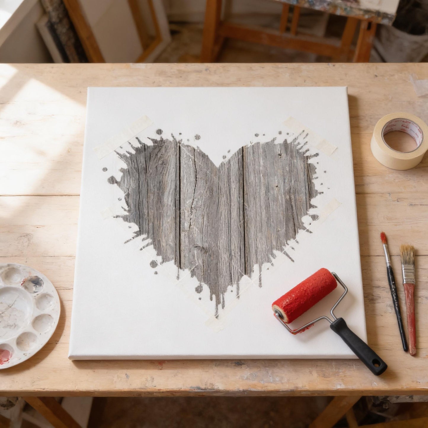 a white canvas with a heart-shaped design made of wood, along with a red paint roller and a roll of tape on a wooden table.