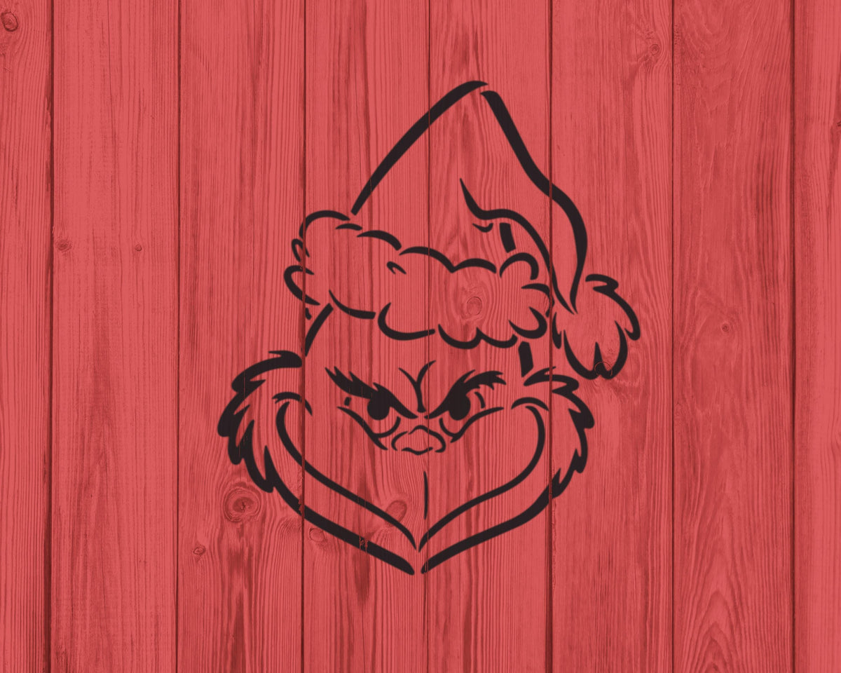 A black and white illustration of a grumpy-looking character wearing a Santa hat against a red wooden background.