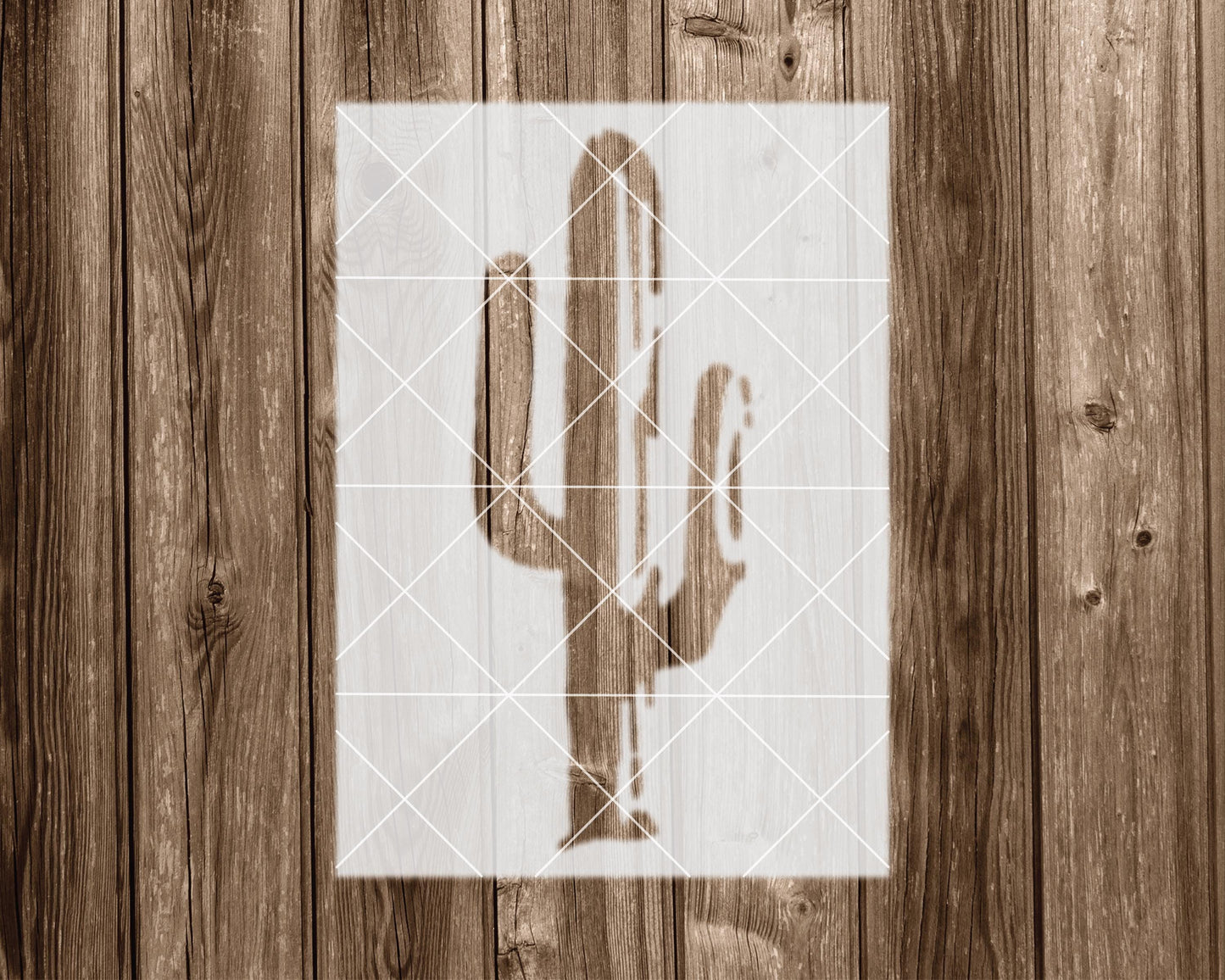 a wooden background with a white stencil of a cactus in the center.