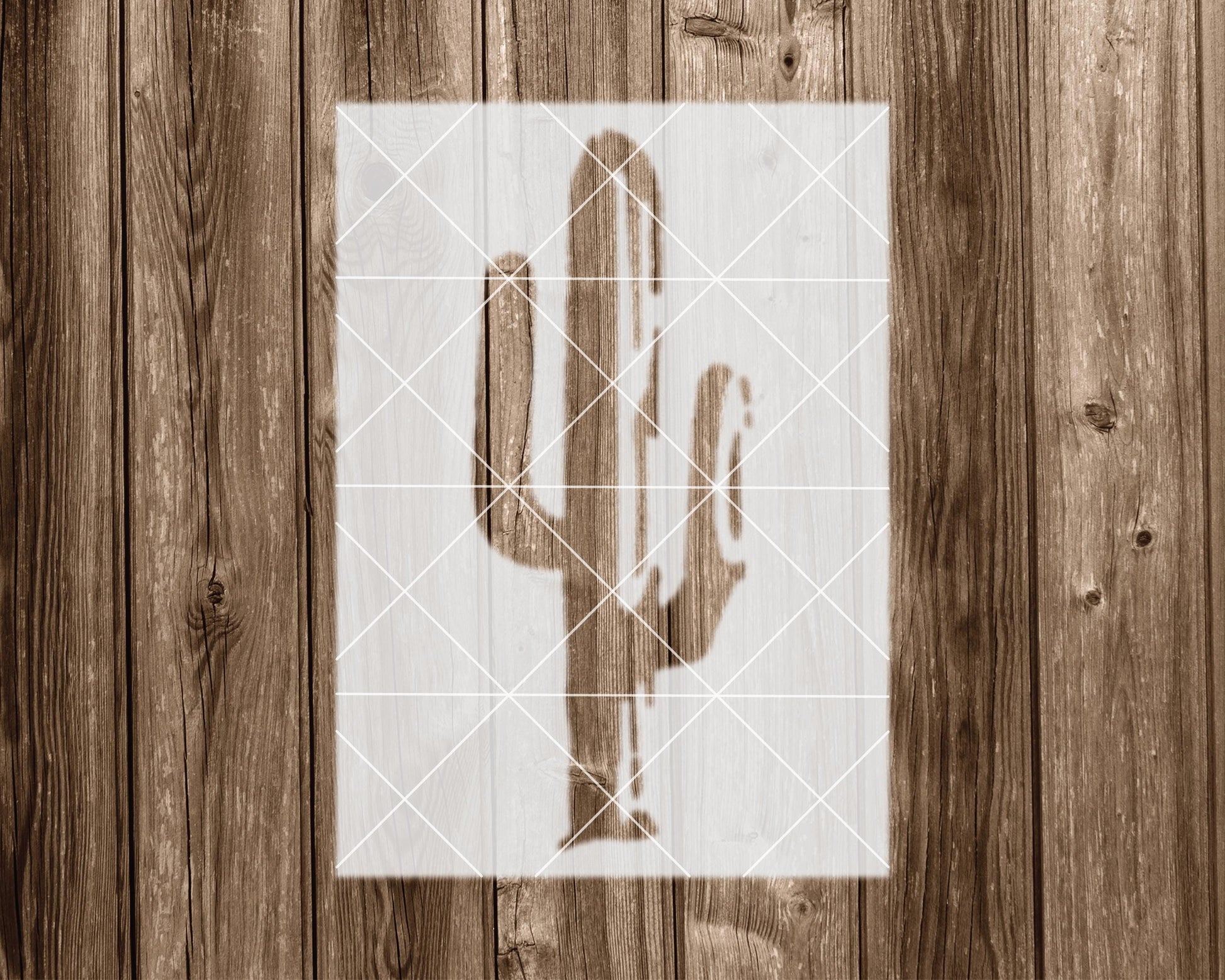 a wooden background with a white stencil of a cactus in the center.