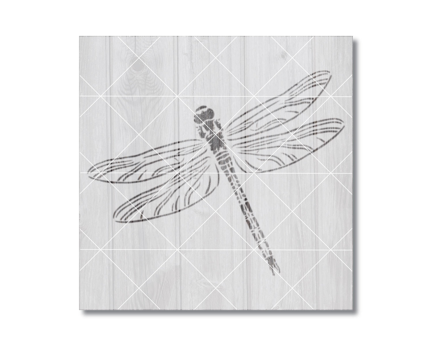 A black and white illustration of a dragonfly is depicted on a wooden background.