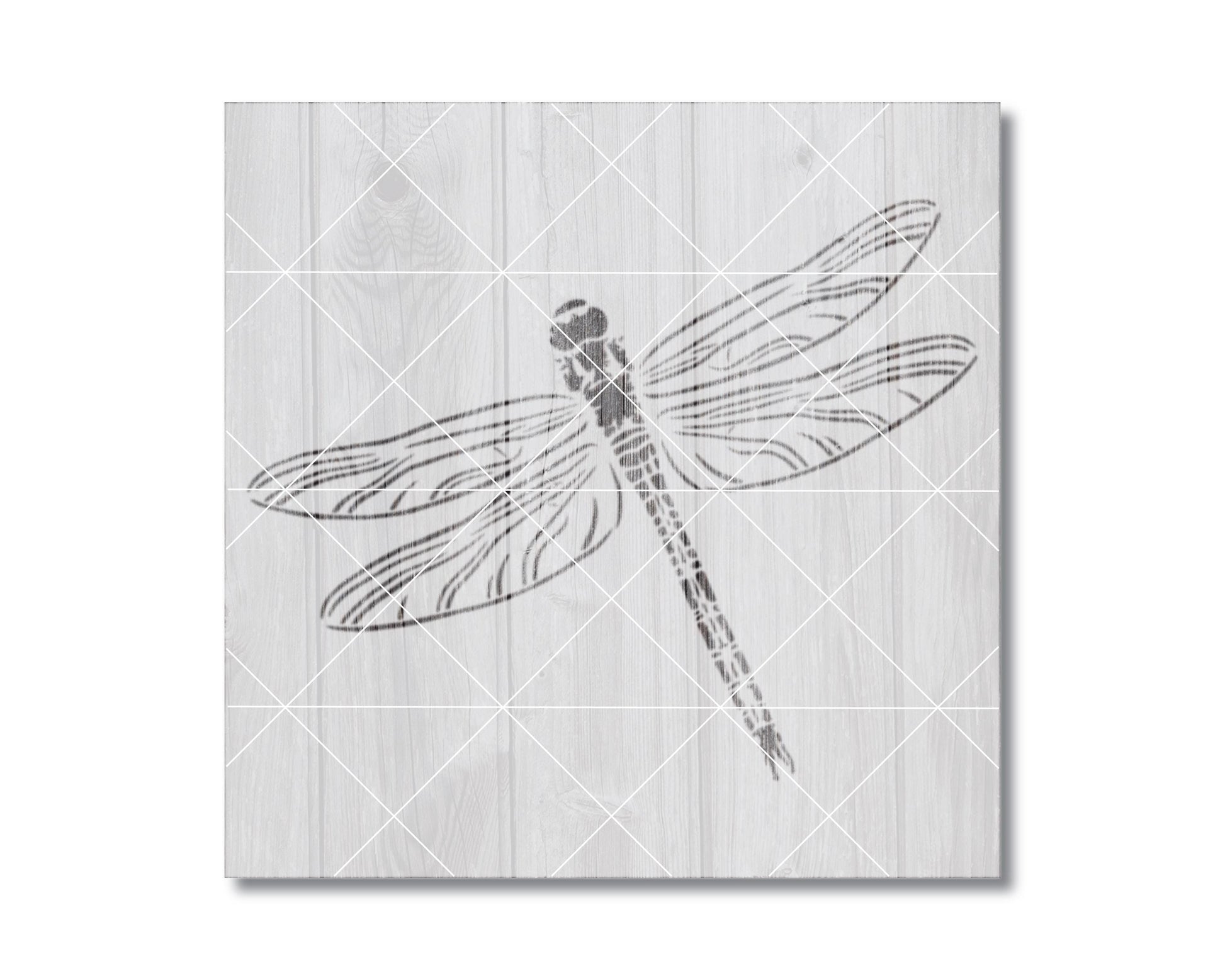 A black and white illustration of a dragonfly is depicted on a wooden background.