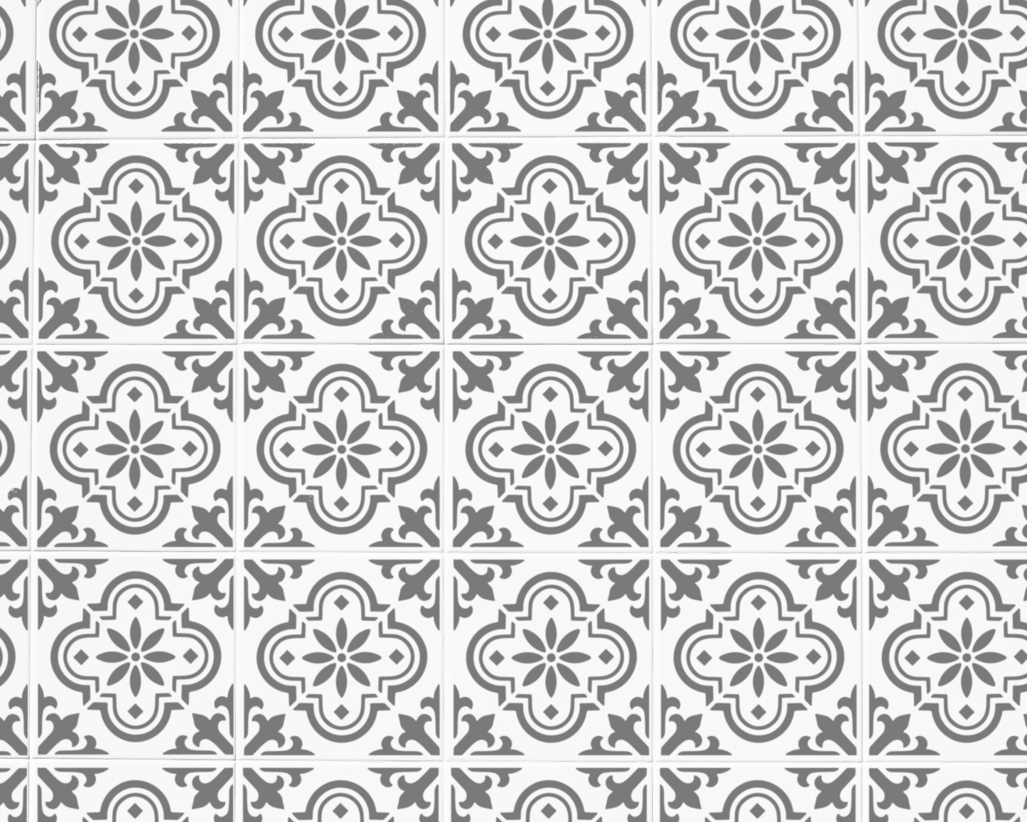 a repeating pattern of gray and white floral designs on a white background.