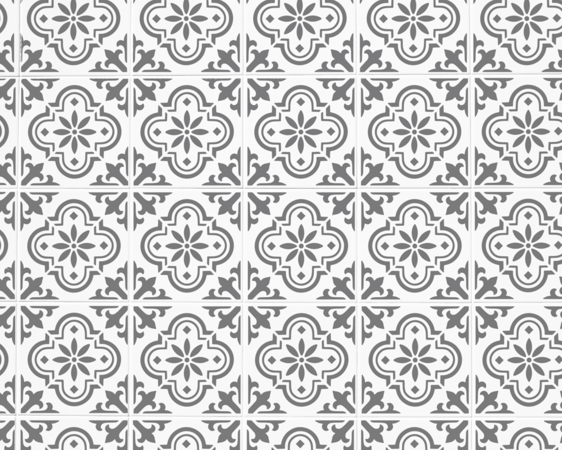 a repeating pattern of gray and white floral designs on a white background.