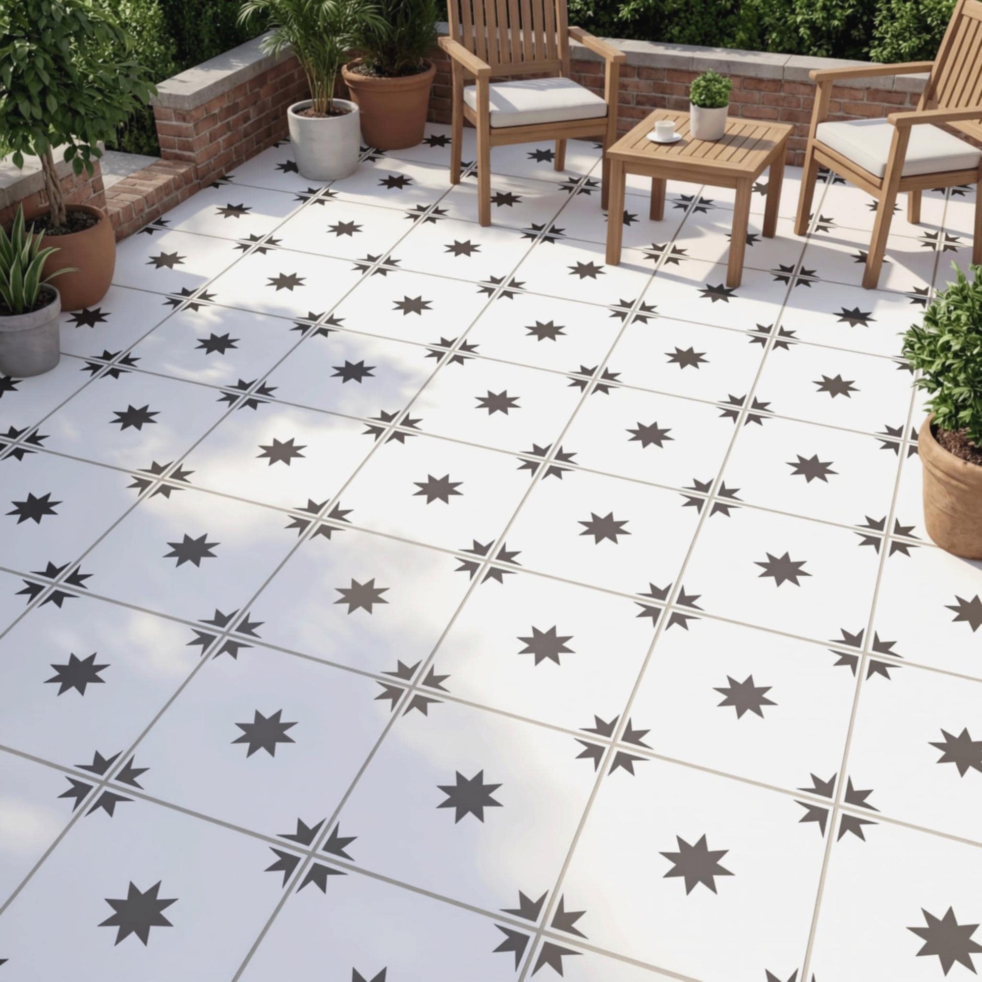 a patio area with a white tile floor, wooden chairs, and potted plants. The floor has a decorative pattern of stars and dots.
