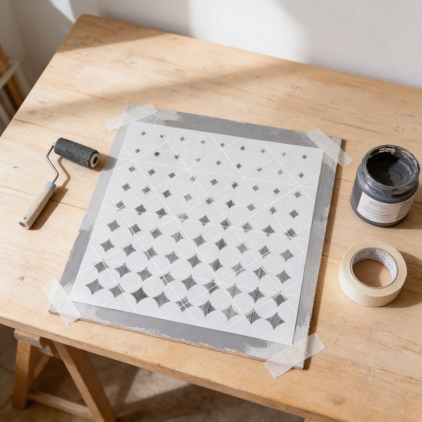 a workspace with a wooden table, a roller brush, a roll of tape, and a jar of paint. The roller brush is placed on the table, and the table is covered with a white paper with a black geometric pattern. There is also a jar of paint on the table.