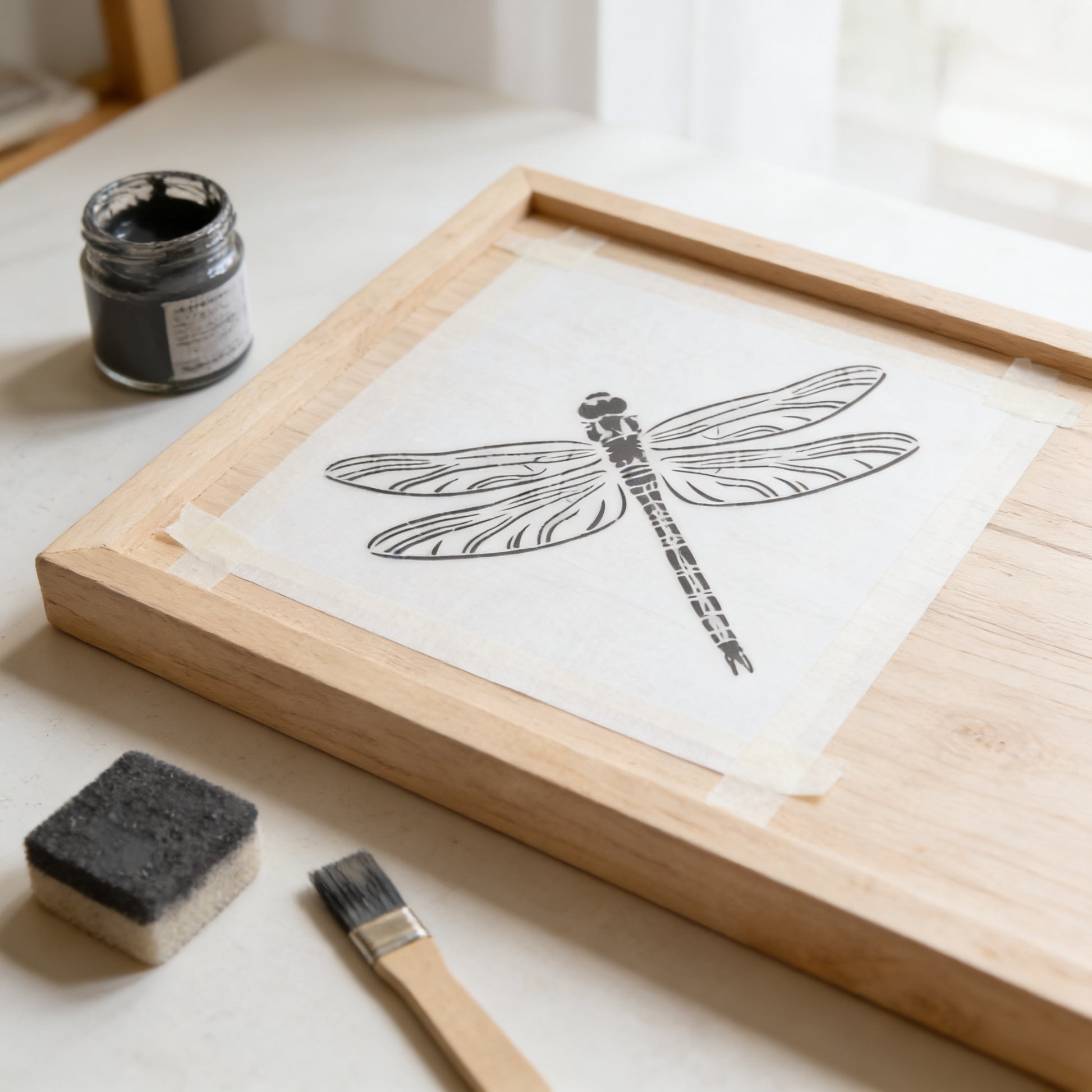 a wooden frame with a black and white dragonfly illustration on it, along with a jar of paint and a paintbrush on a white surface.