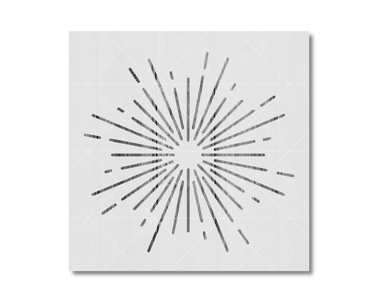 A simple black and white graphic design featuring a central burst of lines radiating outwards.