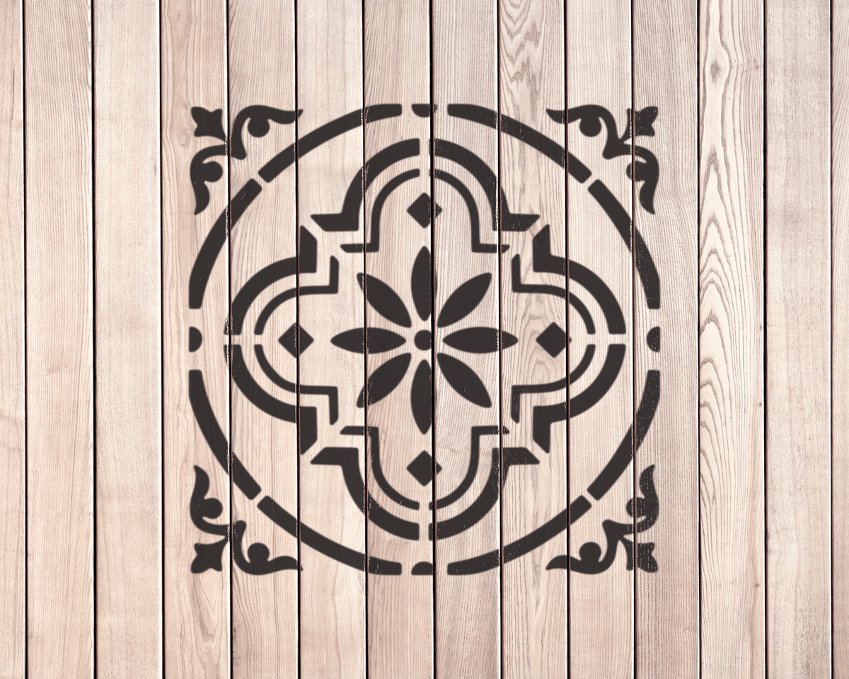 a wooden wall with a decorative black and white design painted on it.