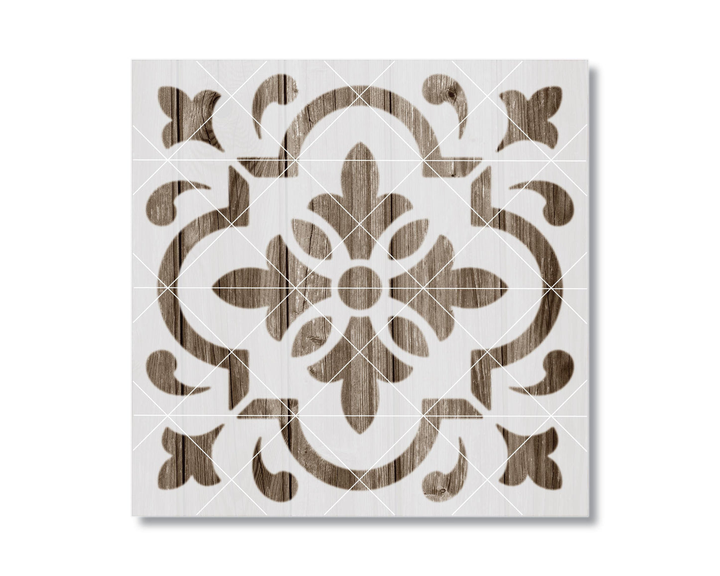 a square tile with a decorative pattern of wooden shapes and lines.