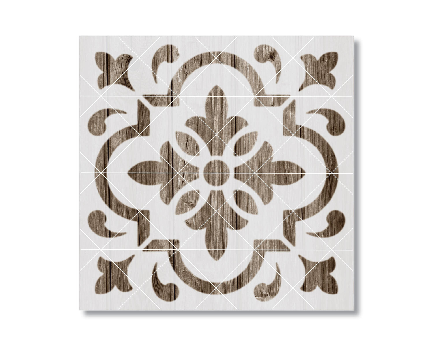 a square tile with a decorative pattern of wooden shapes and lines.