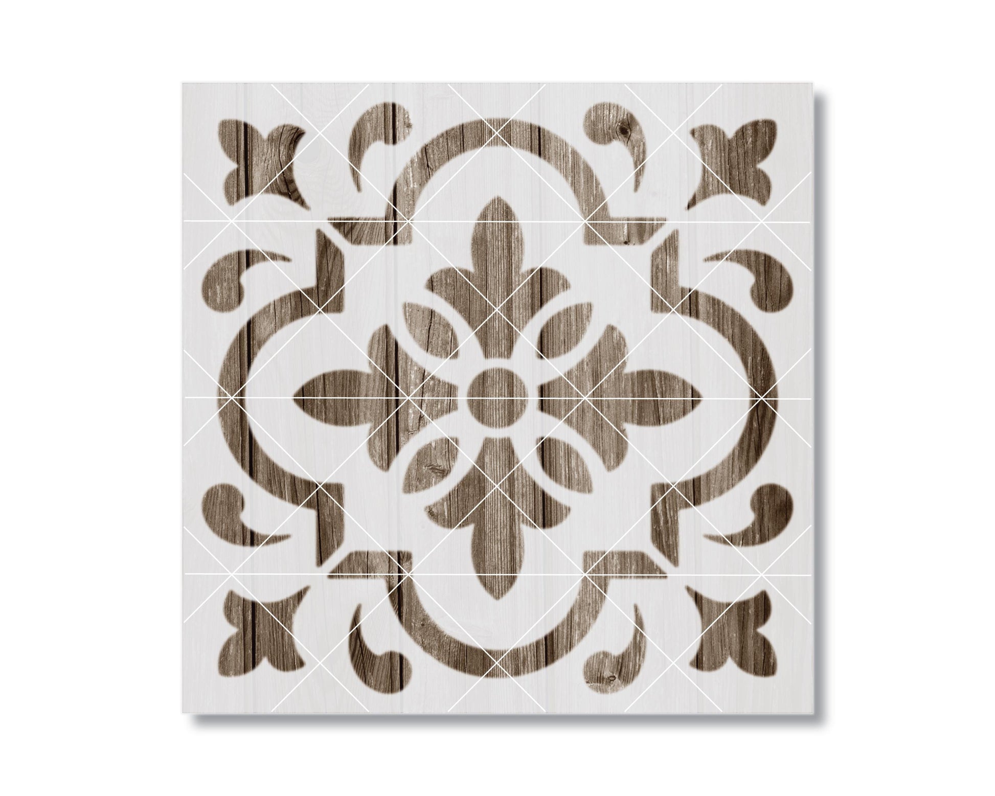 a square tile with a decorative pattern of wooden shapes and lines.