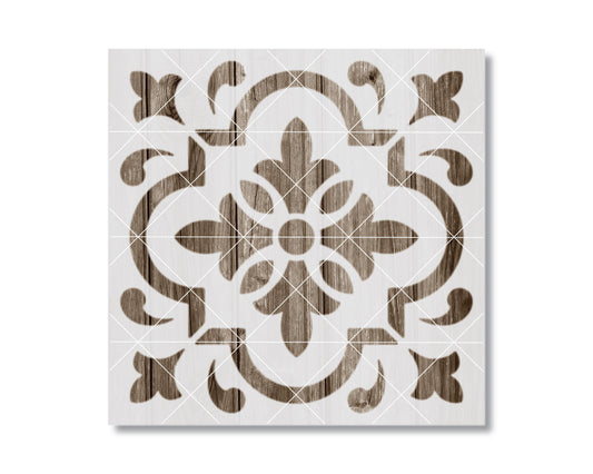 a square tile with a decorative pattern of wooden shapes and lines.