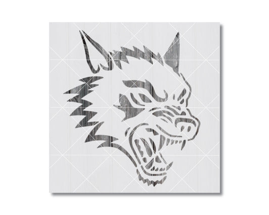 A stylized black and white illustration of a wolf's head with sharp teeth and an intense expression.