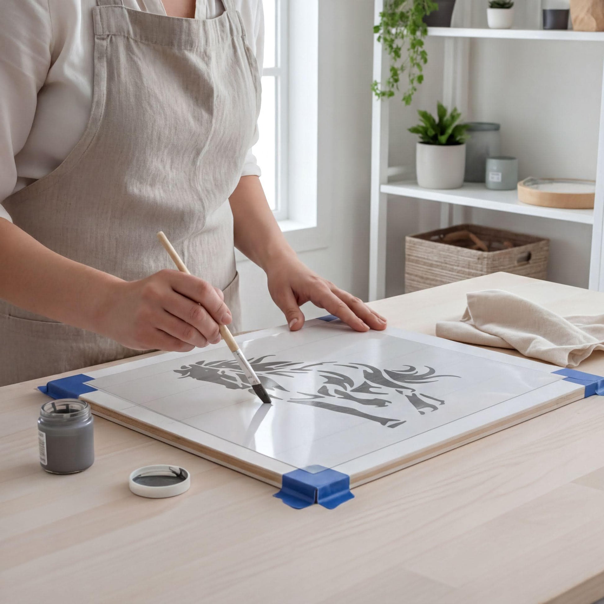A person is painting on a canvas using a brush, with a jar of paint and a blue clamp on the table in front of them.