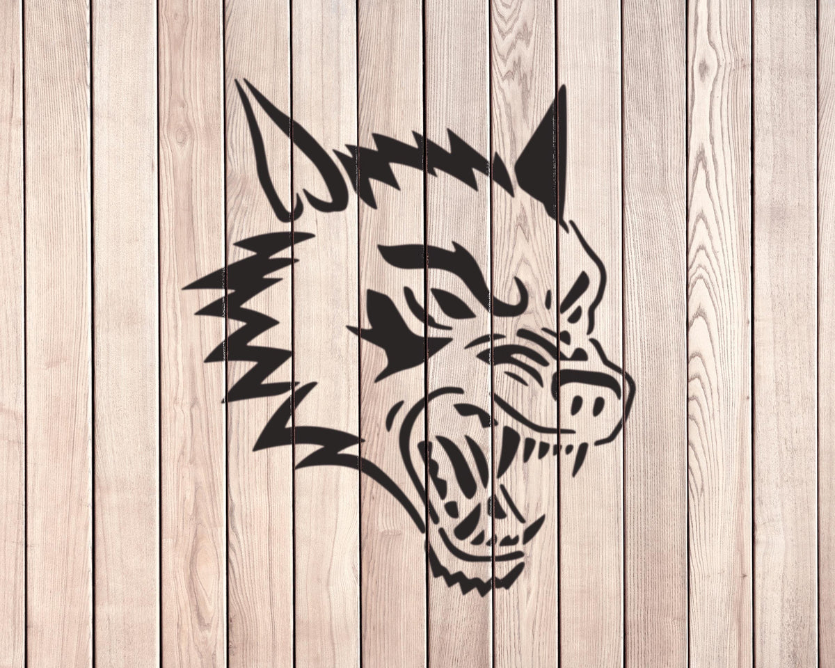 A stylized black and white illustration of a wolf's head is displayed against a wooden background.
