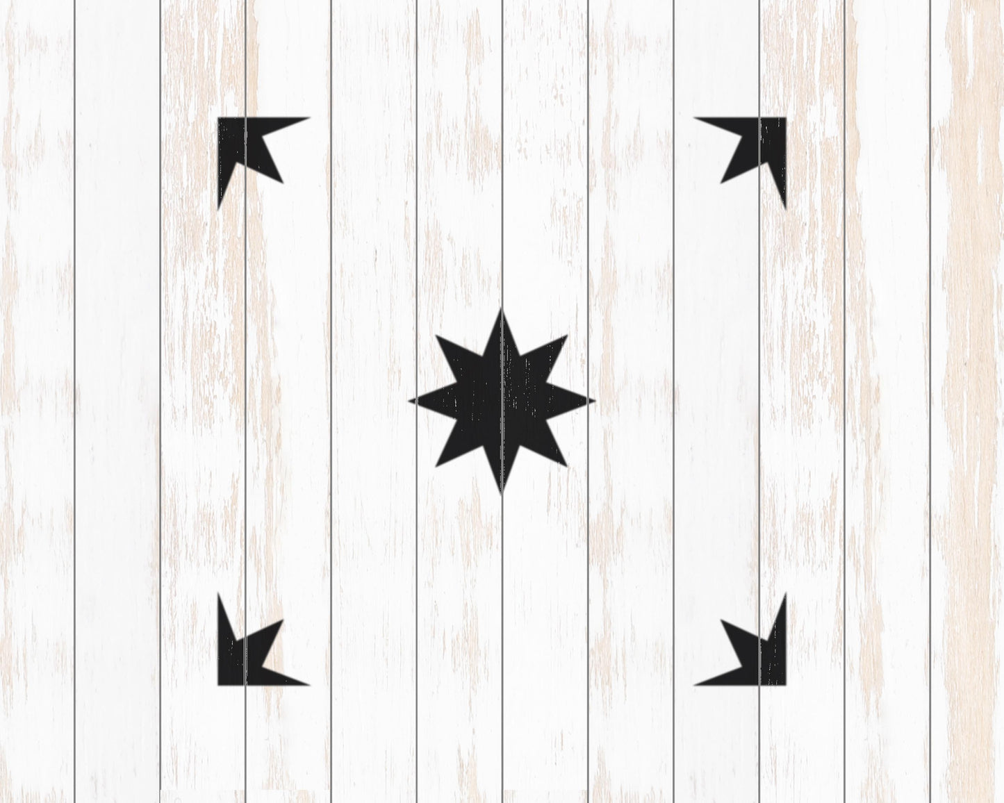 a white wooden background with a central black star design.